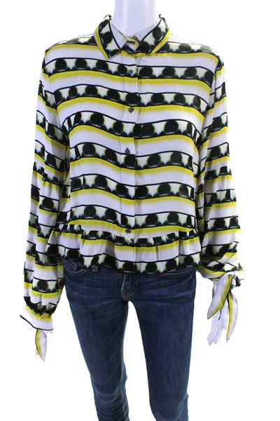 Artelier Nicole Miller Womens Silk Striped Buttoned Collar Blouse Yellow Size M