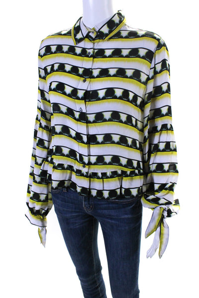 Artelier Nicole Miller Womens Silk Striped Buttoned Collar Blouse Yellow Size M