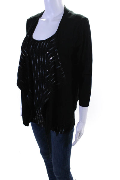 Three Dots Womens Embroidered Sequined Textured Top Sweater Set Black Size XS S