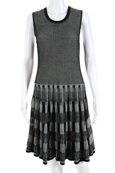 Lela Rose Womens Knit Crewneck Sleeveless Fit & Flare Dress Black White Size M