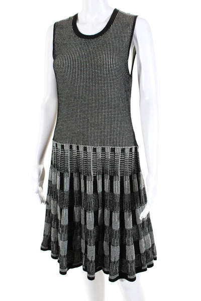 Lela Rose Womens Knit Crewneck Sleeveless Fit & Flare Dress Black White Size M