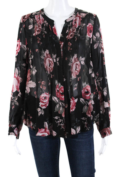 Joie Womens Silk Chiffon Floral Print Pleated Button Down Blouse Black Size S