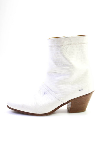 Celine Womens Embossed Leather Cuban Heel Almond Toe Ankle Boots White Size 37 7