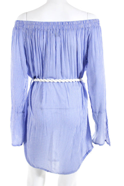 Faithfull Womens Off Shoulder Belted Vertical Striped Mini Dress Blue White 2