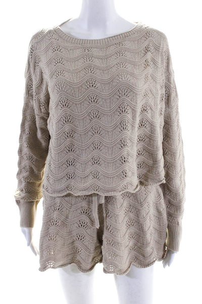 Illa Illa Womens Pointelle Knit Scalloped Shorts Sweater Set Beige Size Small