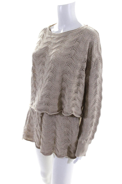 Illa Illa Womens Pointelle Knit Scalloped Shorts Sweater Set Beige Size Small