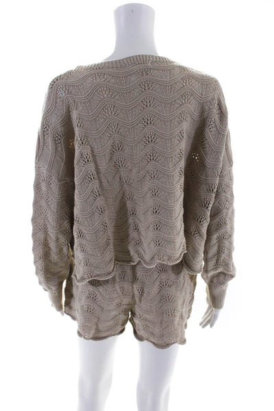 Illa Illa Womens Pointelle Knit Scalloped Shorts Sweater Set Beige Size Small