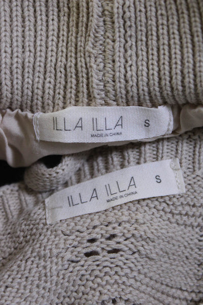 Illa Illa Womens Pointelle Knit Scalloped Shorts Sweater Set Beige Size Small