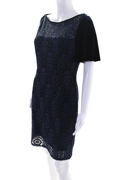 Tahari Womens Metallic Lace Velvet Short Sleeve Sheath Dress Navy Blue Size 6