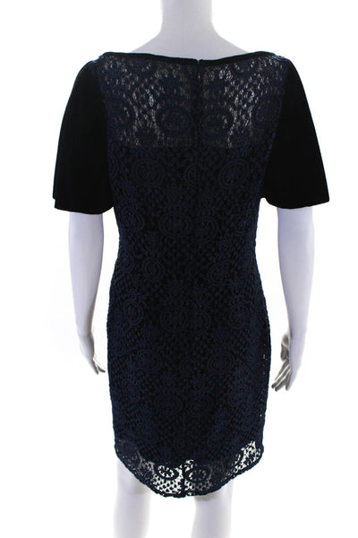 Tahari Womens Metallic Lace Velvet Short Sleeve Sheath Dress Navy Blue Size 6