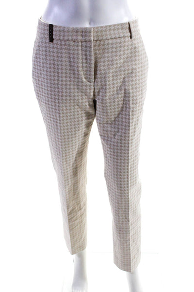Peserico Womens Houndstooth Print Dress Trousers Beige Cotton Size EUR 42