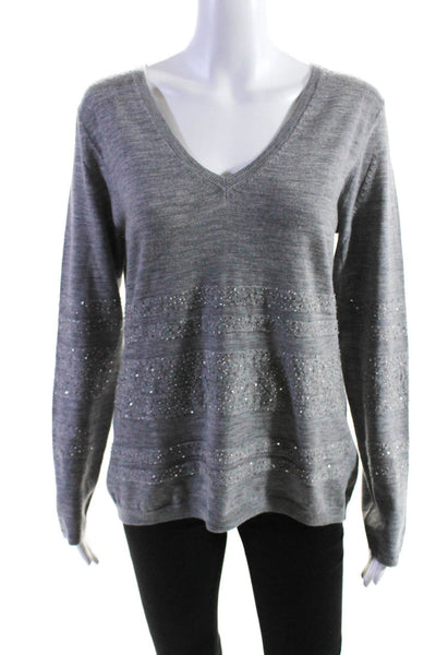 Sinclaire Womens Long Sleeves Beaded V Neck Sweater Gray Wool Size Medium