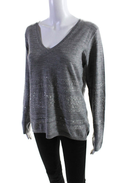 Sinclaire Womens Long Sleeves Beaded V Neck Sweater Gray Wool Size Medium