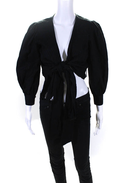 Intermix Womens 3/4 Sleeve V Neck Cropped Wrap Top Black Cotton Size 0