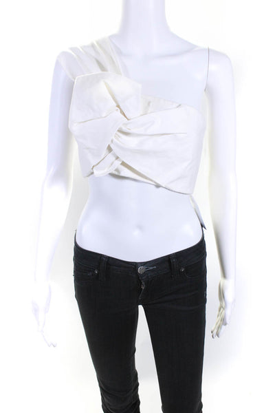 AMUR Womens Back Zip Twisted One Shoulder Crop Top White Cotton Size Small