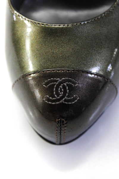 Chanel Womens Patent Leather Logo Stitch Cap Toe Pumps Green Size 38 8