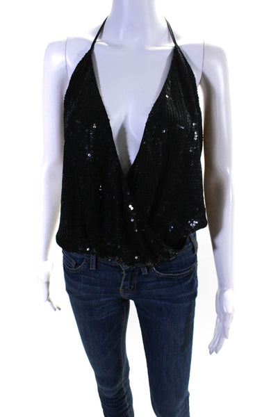 Parker Womens Silk Sequined Sleeveless Halter Cross Blouse Top Black Size Small