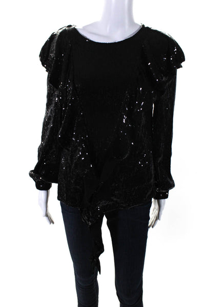 Artelier Nicole Miller Womens Long Sleeve Ruffle Trim Sequin Blouse Black Size S