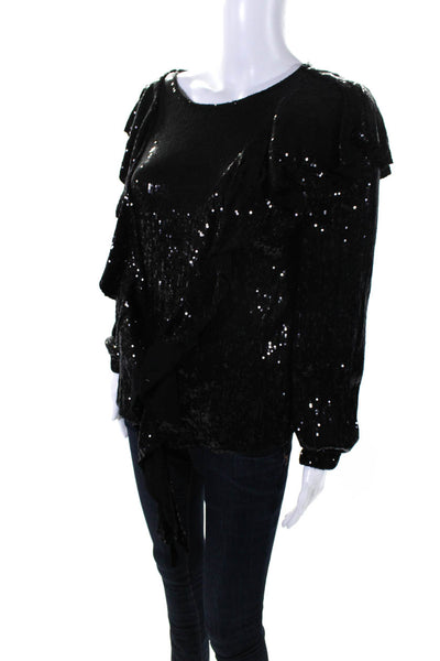 Artelier Nicole Miller Womens Long Sleeve Ruffle Trim Sequin Blouse Black Size S