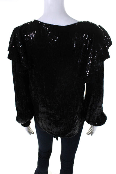 Artelier Nicole Miller Womens Long Sleeve Ruffle Trim Sequin Blouse Black Size S