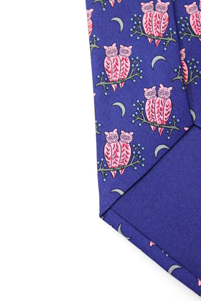 Hermes Mens Classic Night Owl Moon Print Silk Tie Blue Pink