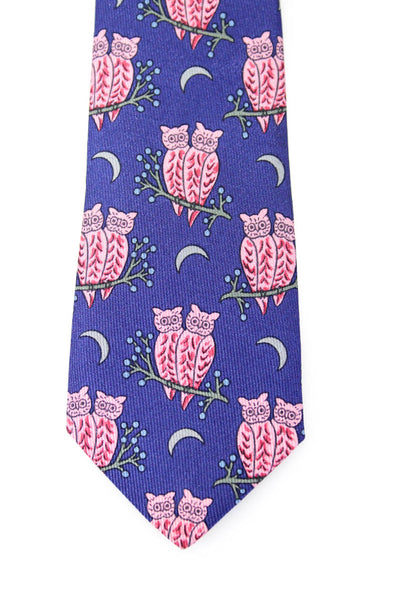 Hermes Mens Classic Night Owl Moon Print Silk Tie Blue Pink