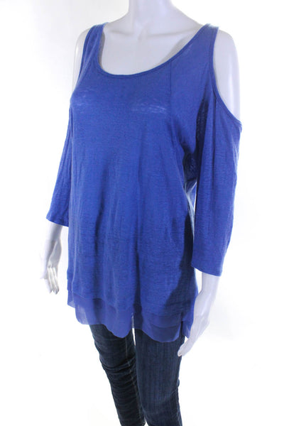 Three Dots Women's Linen Long Sleeve Cold Shoulder Blouse Blue Size M