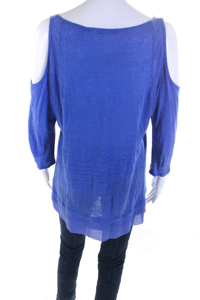 Three Dots Women's Linen Long Sleeve Cold Shoulder Blouse Blue Size M