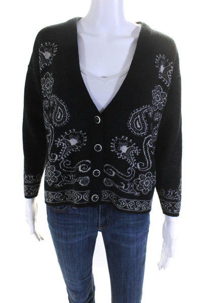 Pendleton Womens Petites Wool Paisley Print V-Neck Cardigan Sweater Black Size L