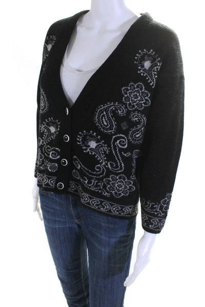 Pendleton Womens Petites Wool Paisley Print V-Neck Cardigan Sweater Black Size L