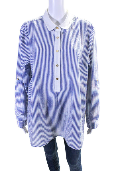 Duffield Lane Womens Seersucker Striped Print Collared Shirt Blue White Size XL