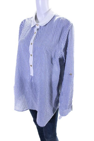 Duffield Lane Womens Seersucker Striped Print Collared Shirt Blue White Size XL