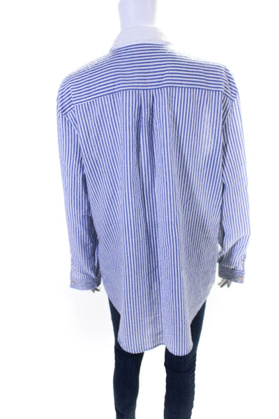 Duffield Lane Womens Seersucker Striped Print Collared Shirt Blue White Size XL