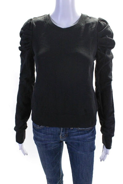 Leallo Womens Cotton Fleece Ruched Long Sleeve Crewneck Sweatshirt Black Size XS
