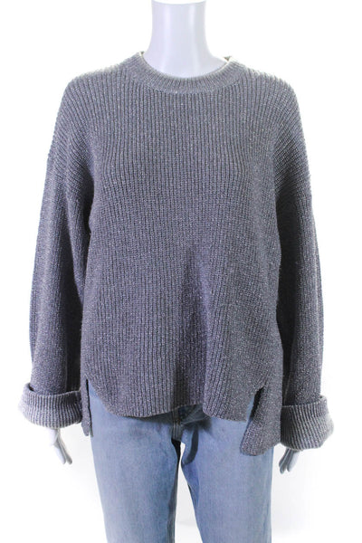 Joie Womens Metallic Ribbed Knit Crew Neck Long Sleeve Sweater Silver Size M