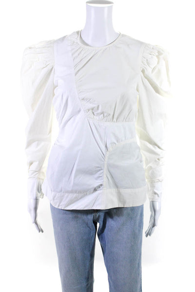 Ganni Womens Cotton Two Tone Puff Sleeve Crew Neck Blouse Top White Size 38