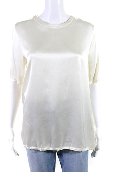 Lanston Womens Satin Short Sleeve Crew Neck Button Up Blouse Top White Size S