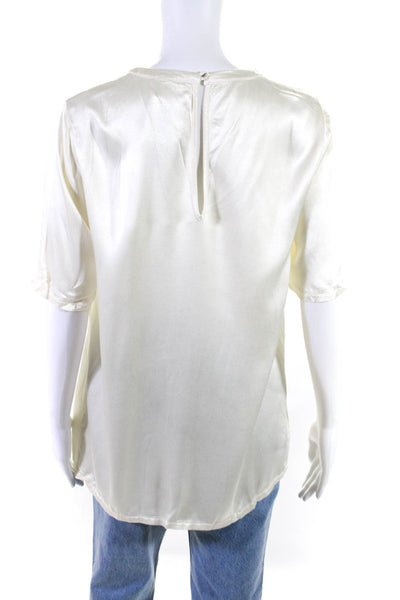Lanston Womens Satin Short Sleeve Crew Neck Button Up Blouse Top White Size S