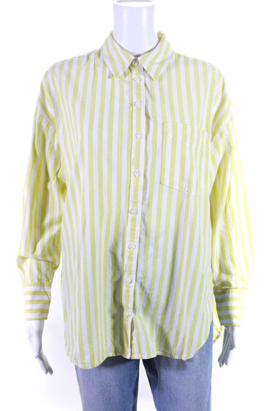 Maeve Anthropologie Womens Striped Collared Button Up Blouse Top Yellow Size S