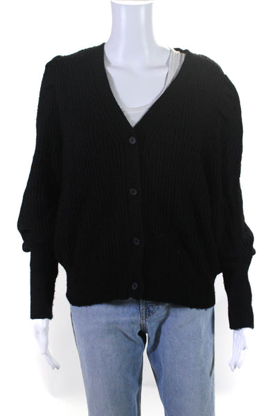 Design 365 Womens V-Neck Button Up Puff Sleeve Cardigan Sweater Black Size L