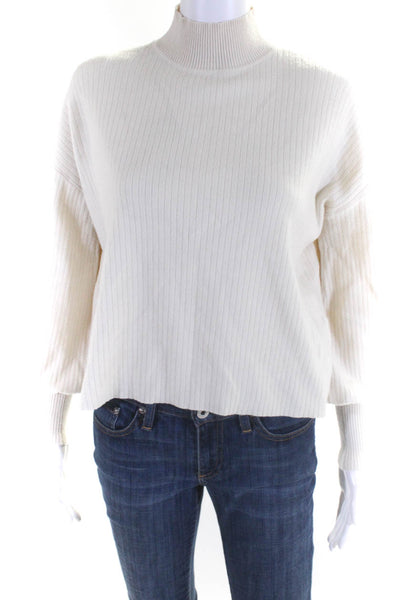 L Academie Womens Ribbed High Neck Balloon Sleeve Cropped Sweater Beige Size XS