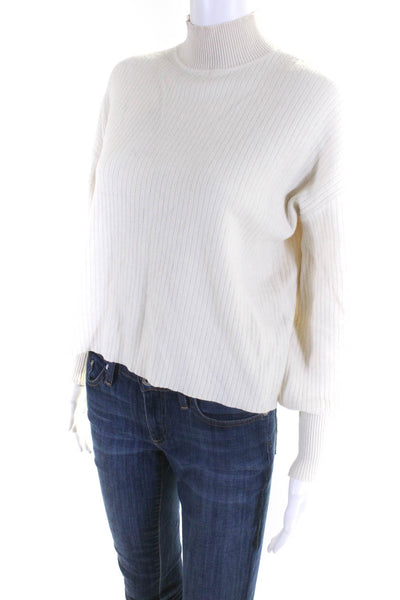 L Academie Womens Ribbed High Neck Balloon Sleeve Cropped Sweater Beige Size XS