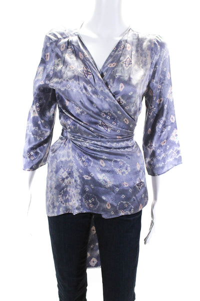 Warm Womens Silk Printed Long Sleeves Wrap Blouse Purple Size 2