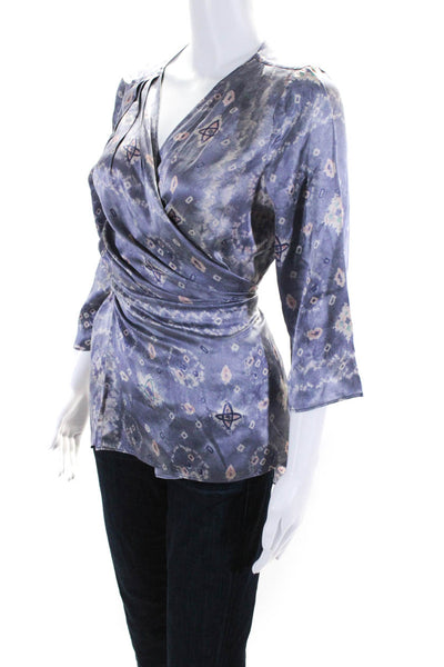 Warm Womens Silk Printed Long Sleeves Wrap Blouse Purple Size 2