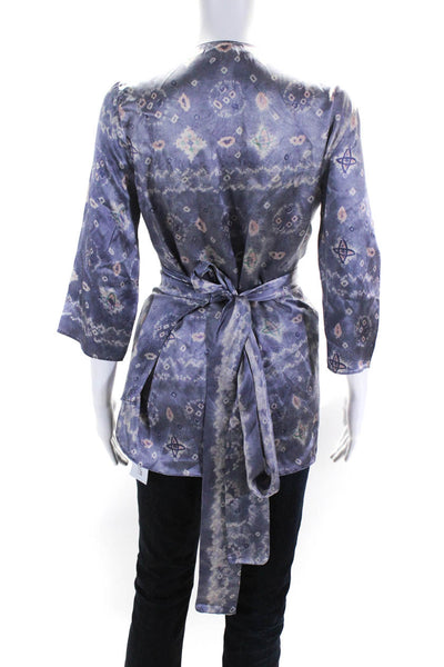 Warm Womens Silk Printed Long Sleeves Wrap Blouse Purple Size 2