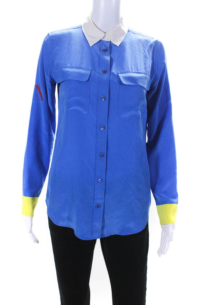 Equipment Femme Womens Color Block Button Up Top Blouse Blue Yellow Size XS