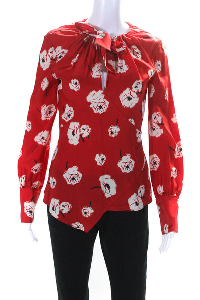 10 Crosby Derek Lam Womens Tie Neck Floral Long Sleeve Top Blouse Red Size 0