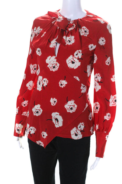 10 Crosby Derek Lam Womens Tie Neck Floral Long Sleeve Top Blouse Red Size 0