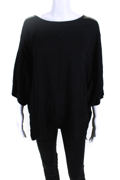 Joie Womens Back Zip Short Sleeve Scoop Neck Side Slit Shirt Black Size Large