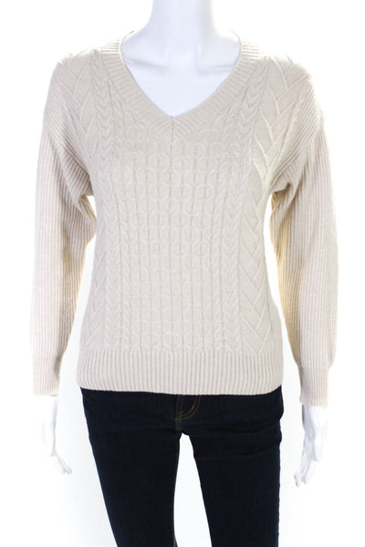 T Tahari Womens Cable Knit Long Sleeves V Neck Sweater Beige Size Medium